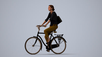 3D scanned woman cycling casual, photorealistic archviz people for Enscape and SketchUp, three-quarter view render