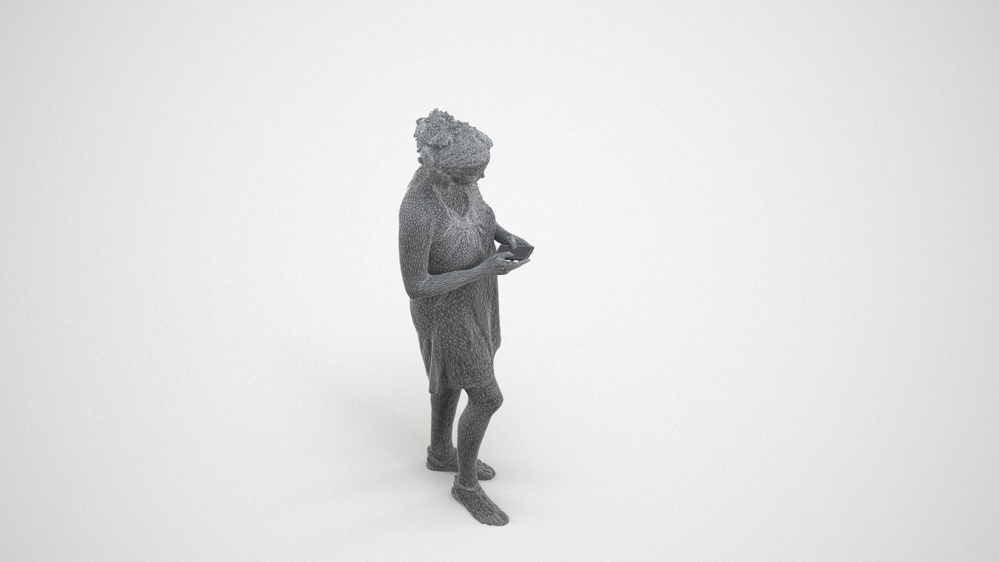 photogrammetry 3D woman standing, realistic human model archviz FBX, wireframe three-quarter view