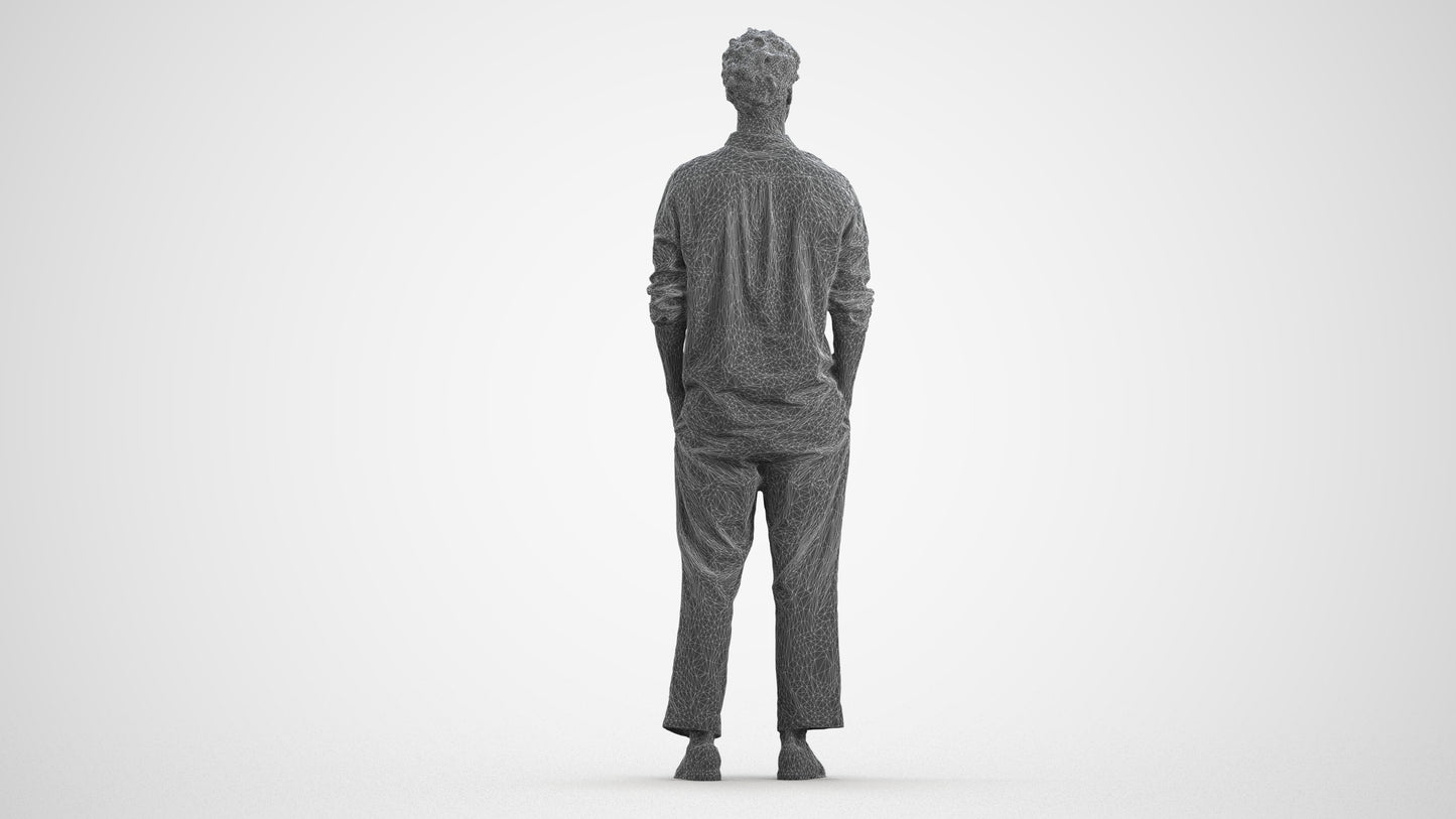 3D human model man casual standing, photogrammetry scanned person for archviz, wireframe front view