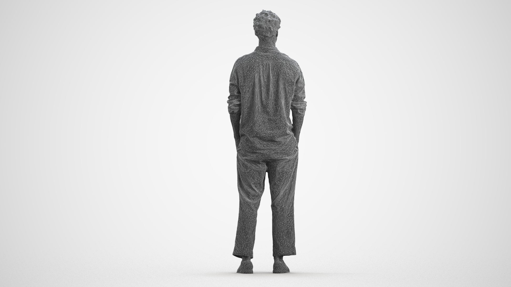 3D human model man casual standing, photogrammetry scanned person for archviz, wireframe front view