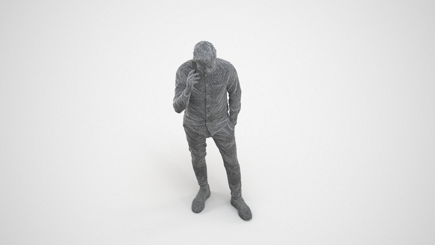 realistic 3D human man casual standing, archviz people FBX OBJ for Blender, wireframe three-quarter view