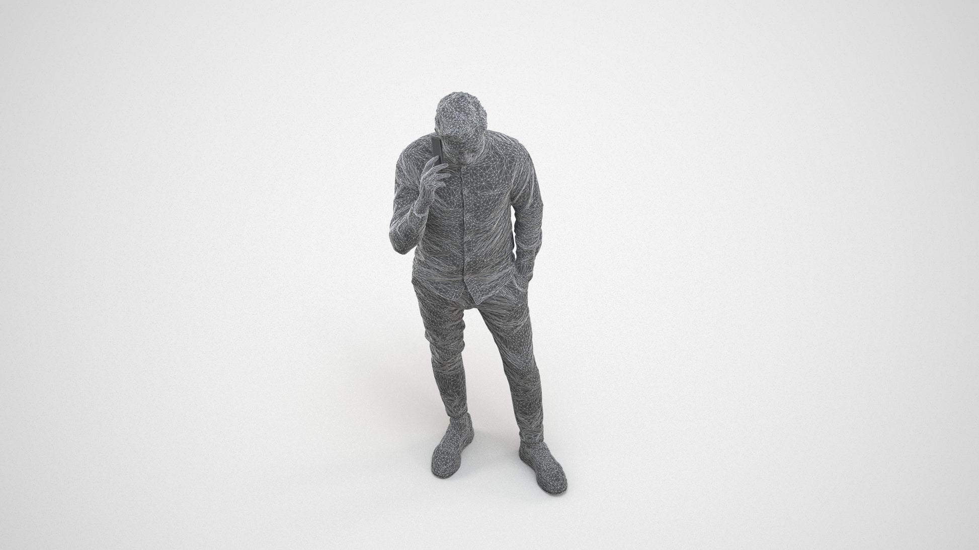 realistic 3D human man casual standing, archviz people FBX OBJ for Blender, wireframe three-quarter view