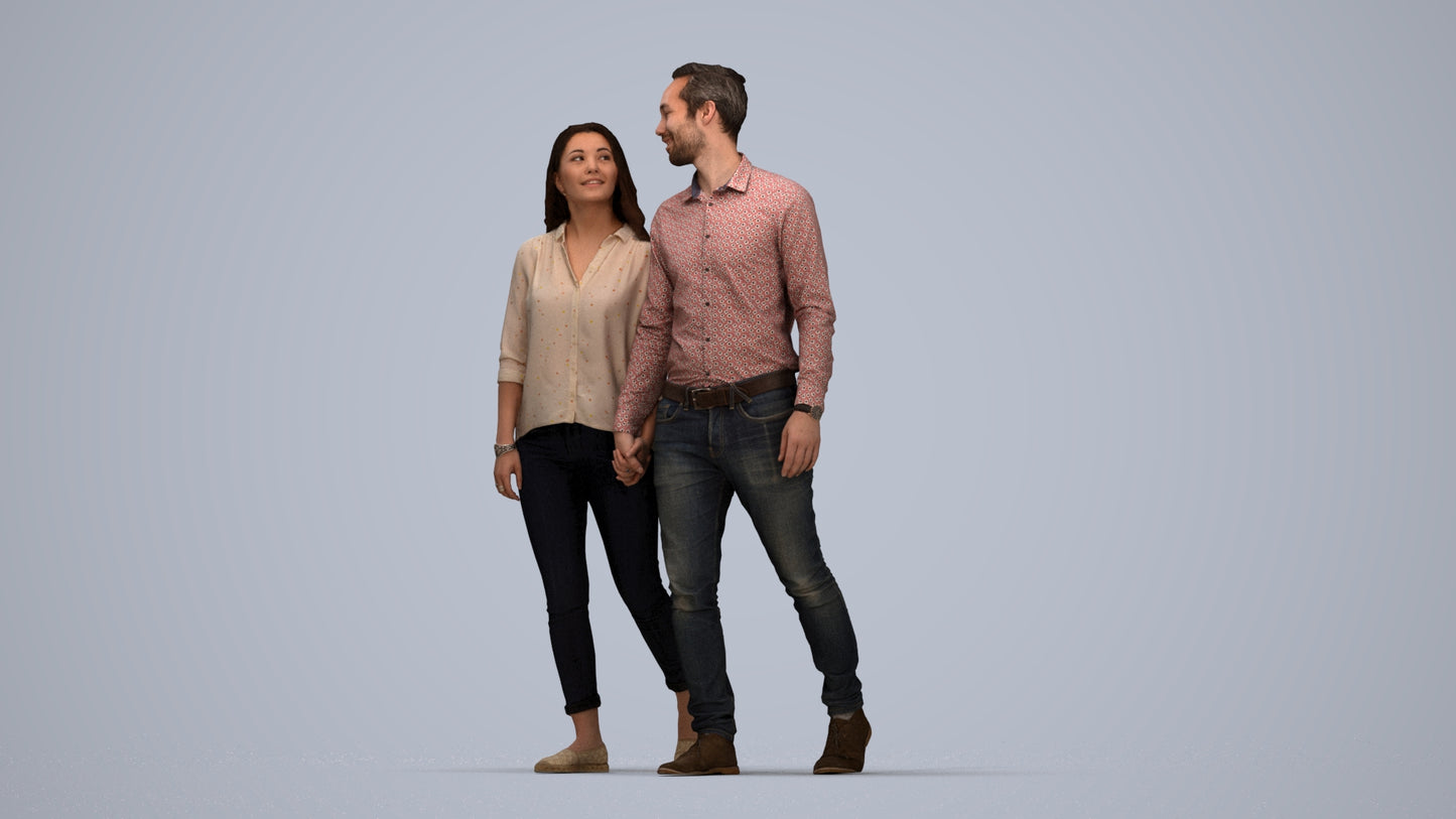 realistic 3D human woman casual couple, archviz people FBX OBJ for Blender, top-down view render