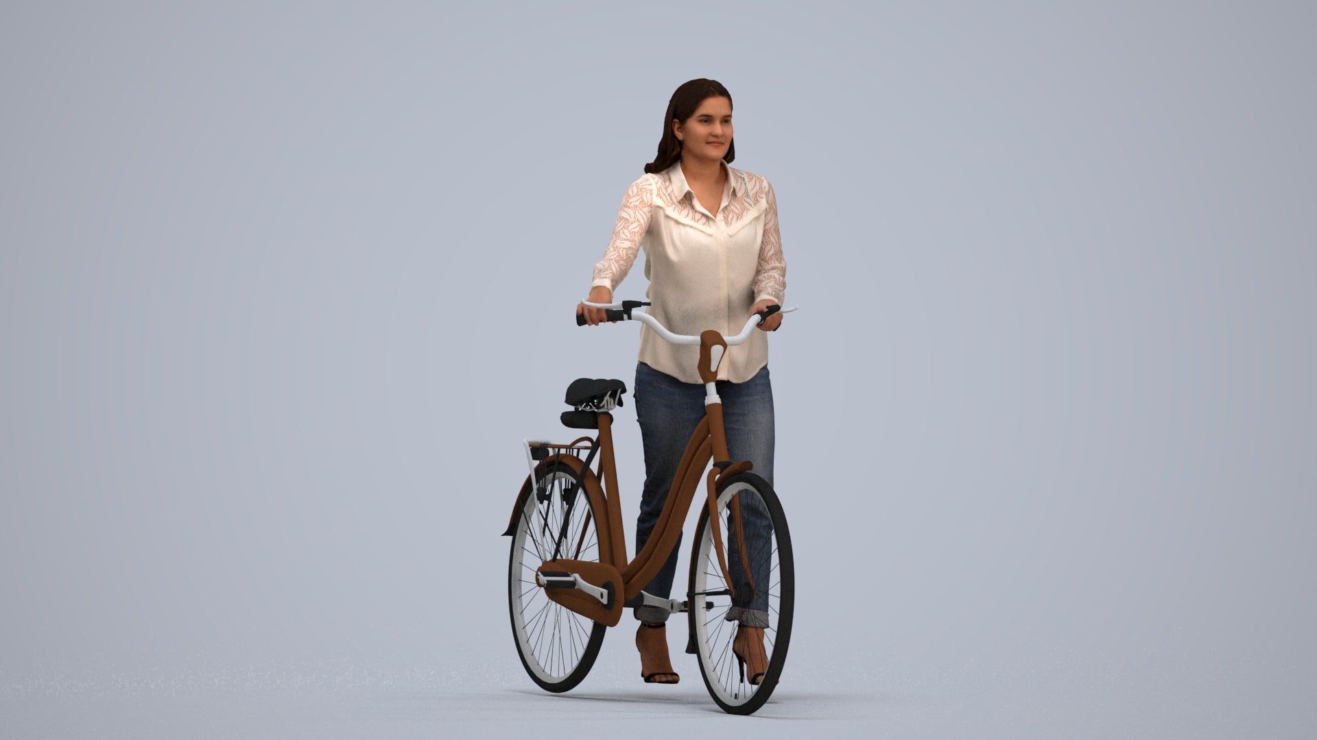 3D human model woman casual walking, photogrammetry scanned person for archviz, standing pose render