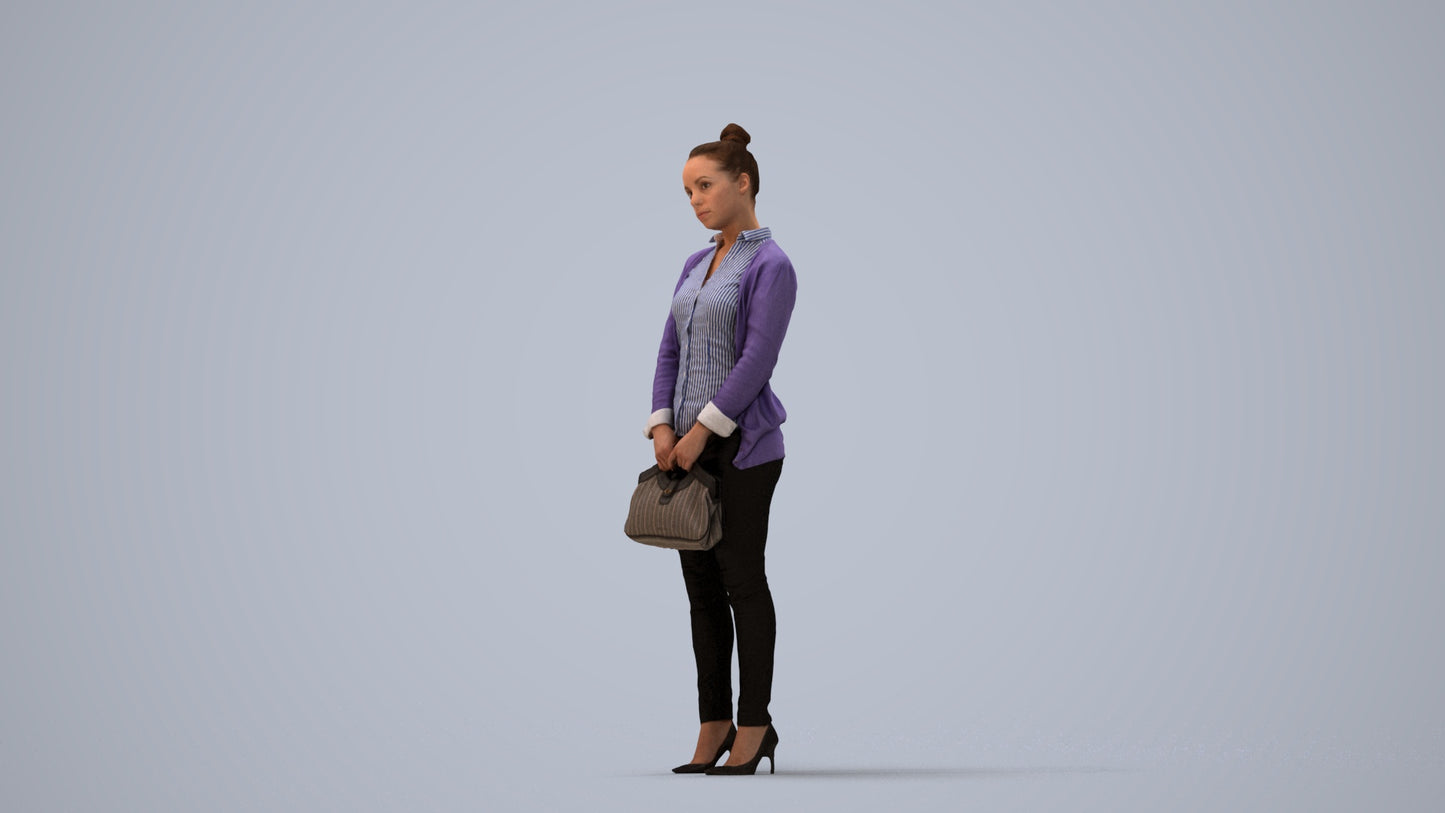 3D human model woman business standing, photogrammetry scanned person for archviz, three-quarter view render