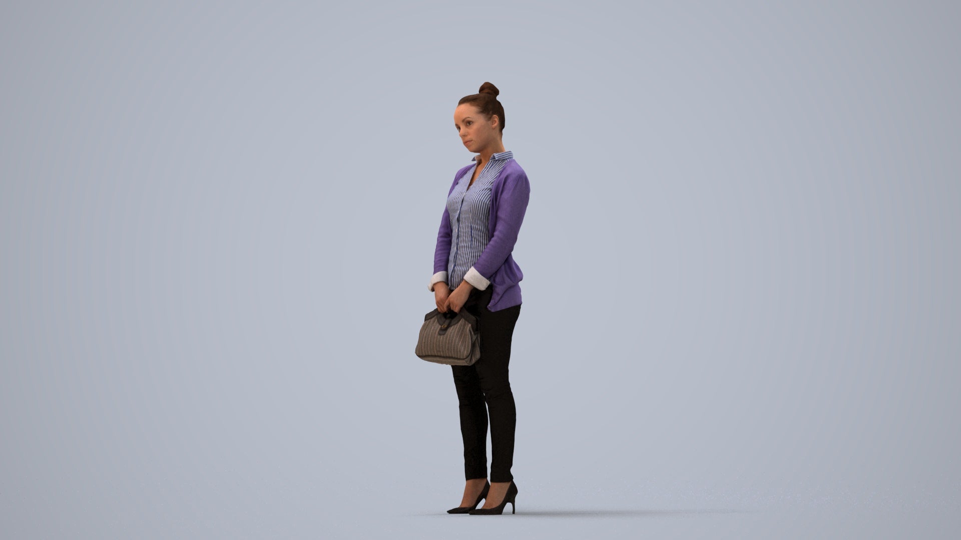 3D human model woman business standing, photogrammetry scanned person for archviz, three-quarter view render