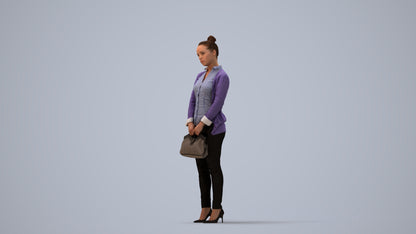 3D human model woman business standing, photogrammetry scanned person for archviz, three-quarter view render
