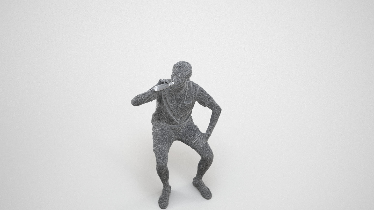3D scanned man sitting casual, photorealistic archviz people for Enscape and SketchUp, wireframe three-quarter view