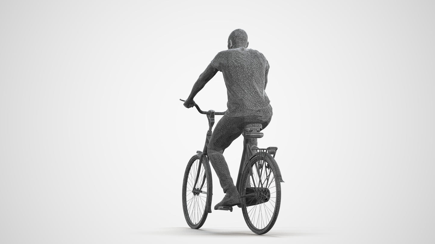 realistic 3D man casual cycling, scanned archviz people for Blender and 3ds Max, wireframe front view
