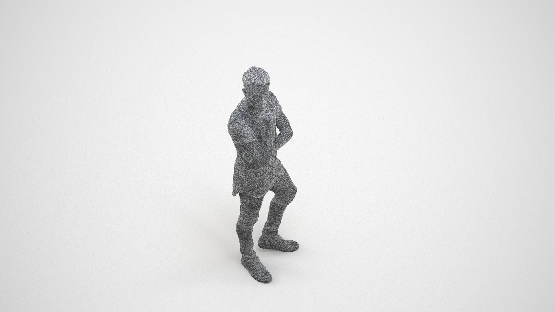 realistic 3D man casual standing, scanned archviz people for Blender and 3ds Max, wireframe three-quarter view