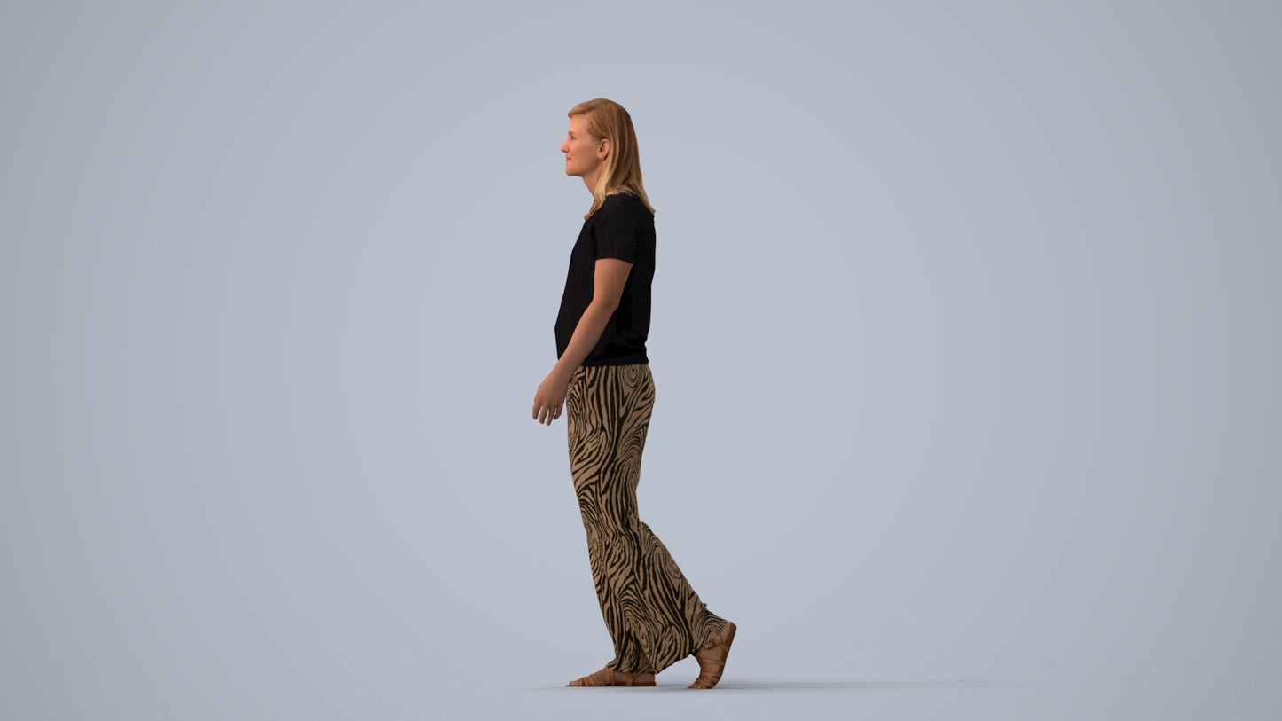 3D scanned woman walking casual, photorealistic archviz people for Enscape and SketchUp, three-quarter view render