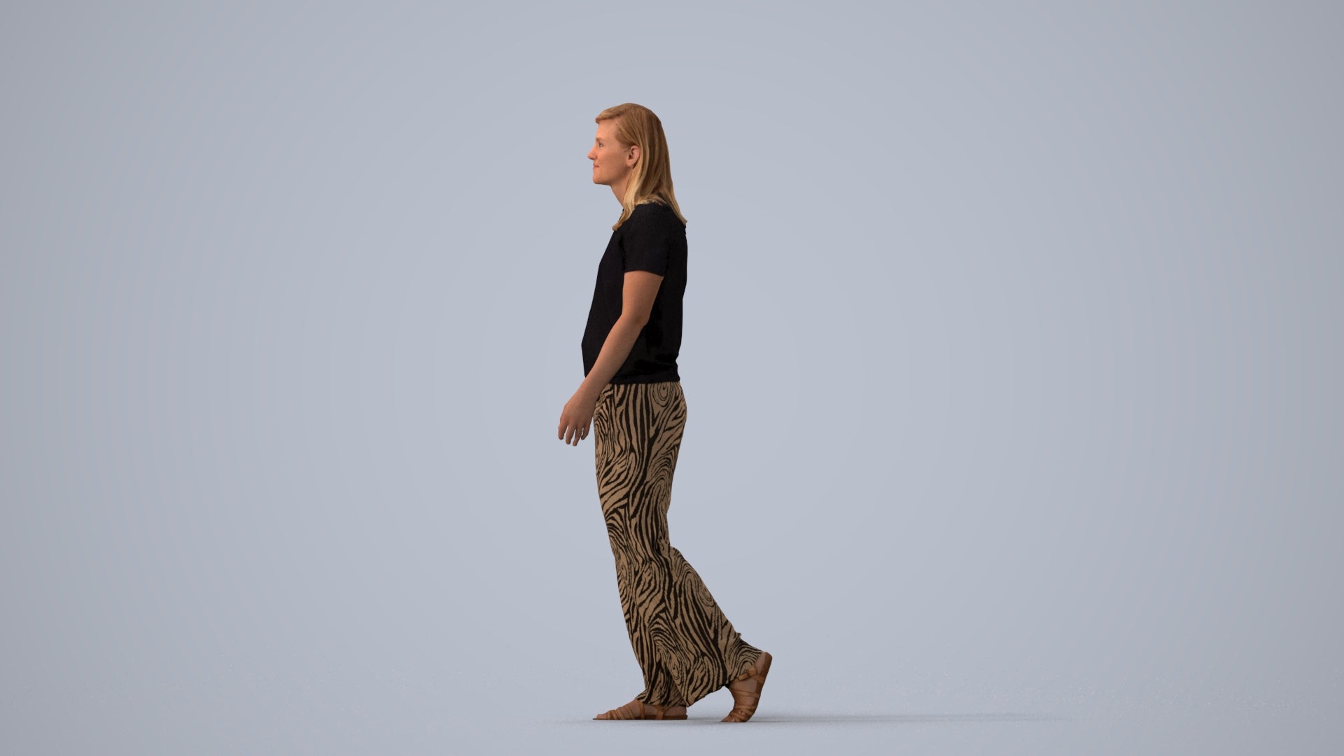3D scanned woman walking casual, photorealistic archviz people for Enscape and SketchUp, three-quarter view render