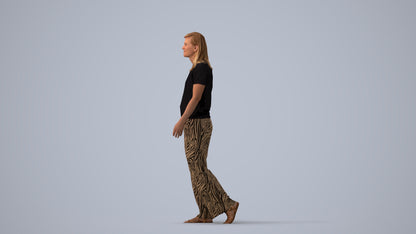 3D scanned woman walking casual, photorealistic archviz people for Enscape and SketchUp, three-quarter view render