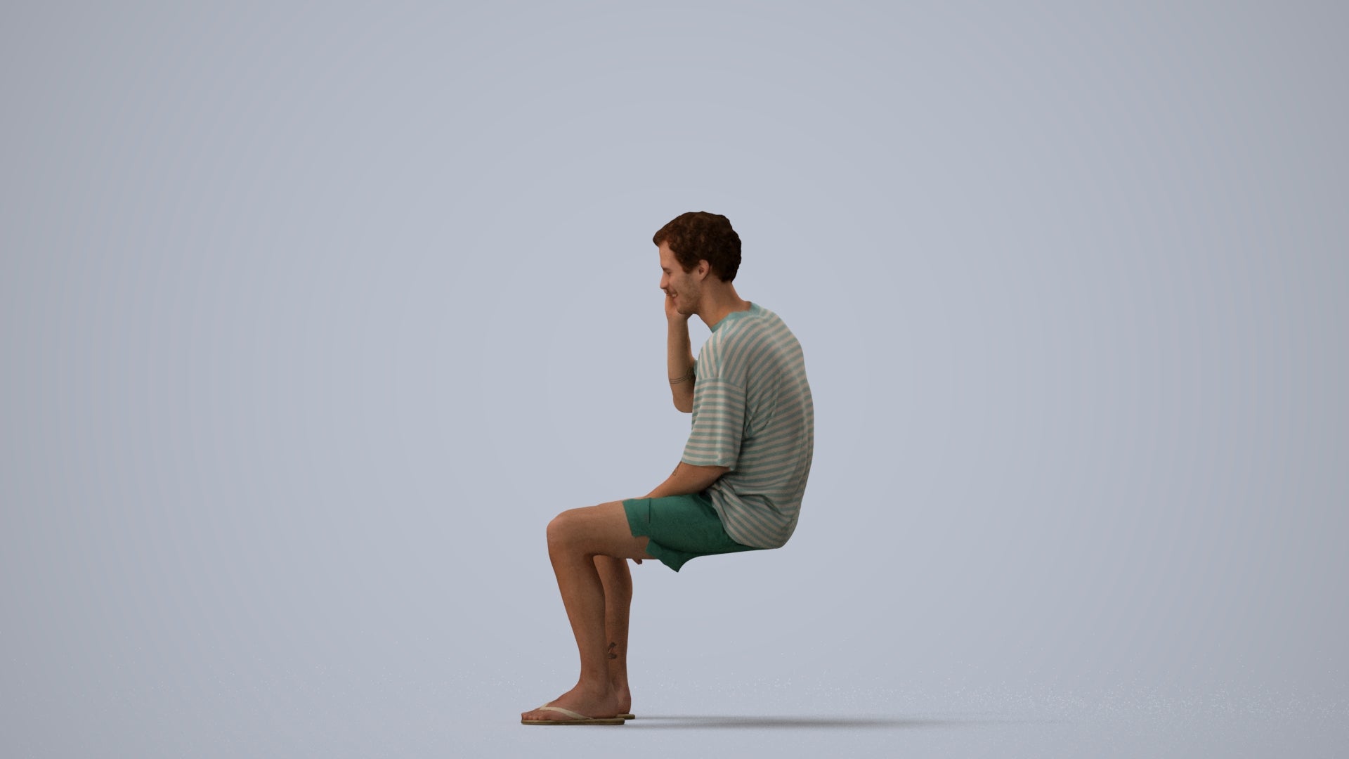 scanned 3D man casual sitting, photogrammetry people for Enscape and V-Ray, three-quarter view render