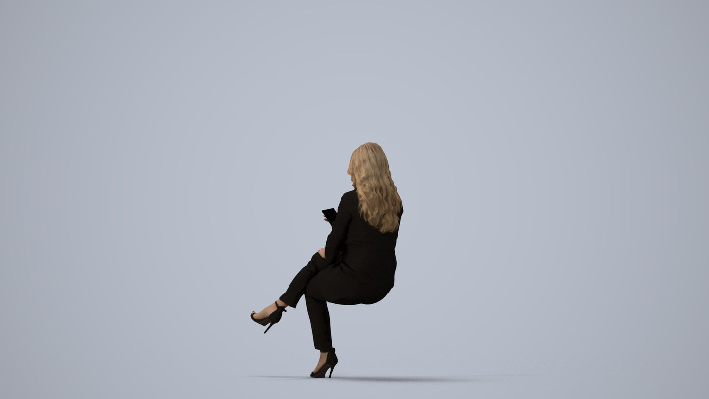 photogrammetry 3D woman business sitting, realistic human model archviz FBX, three-quarter view render