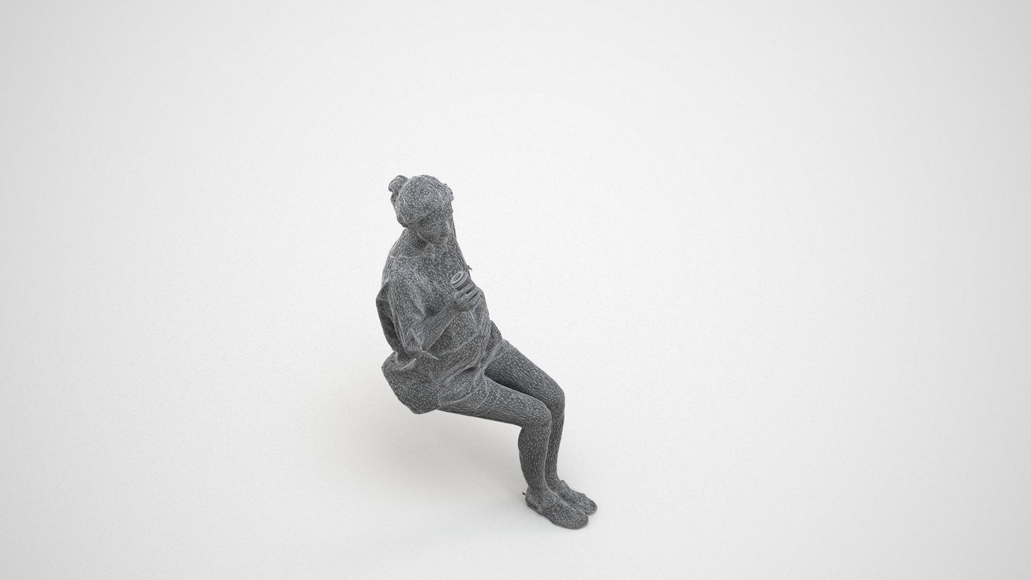realistic 3D people woman casual sitting, render-ready for V-Ray and Corona, FBX OBJ, wireframe three-quarter view