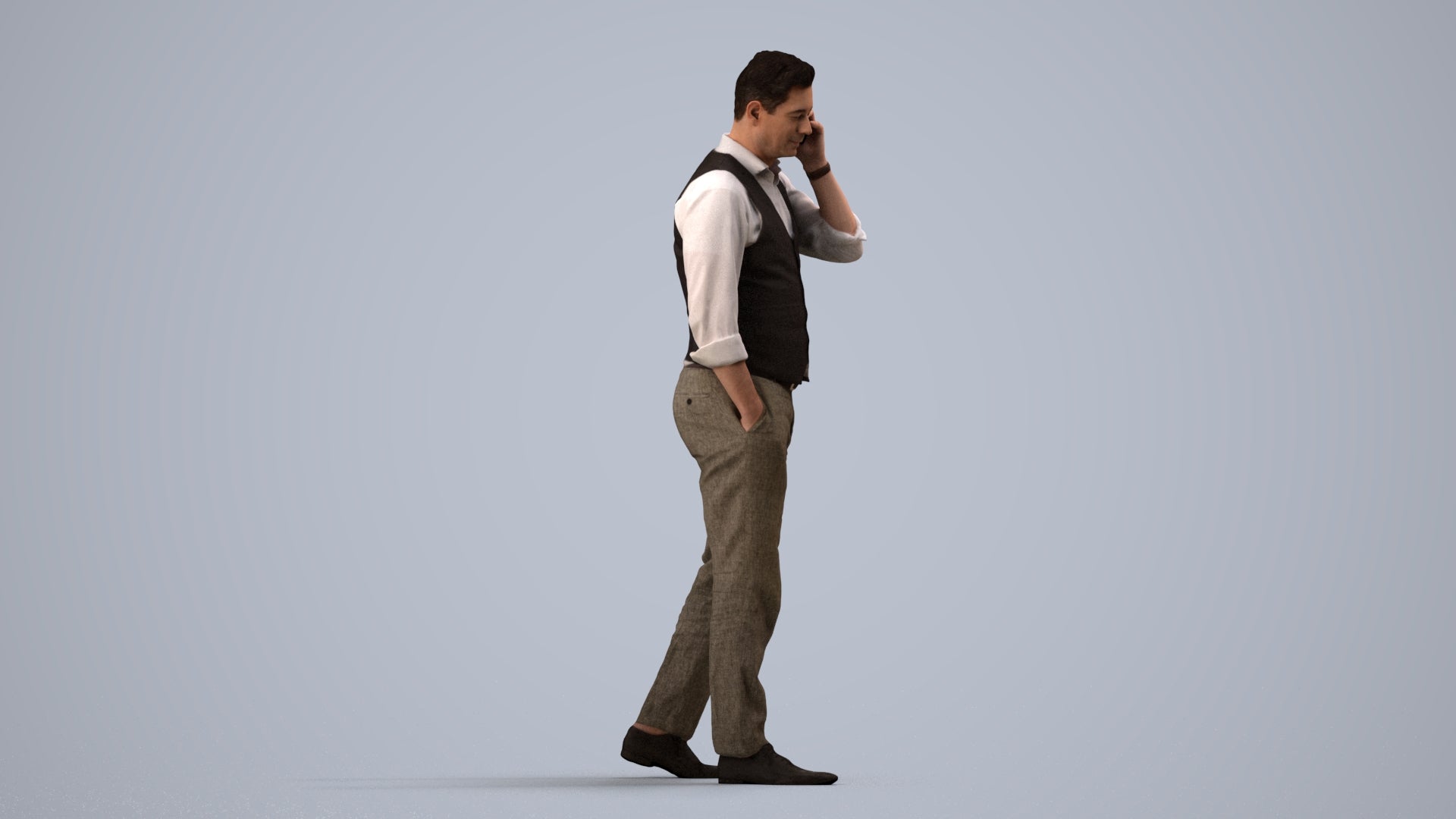 3D human model man business walking, photogrammetry scanned person for archviz, side view render
