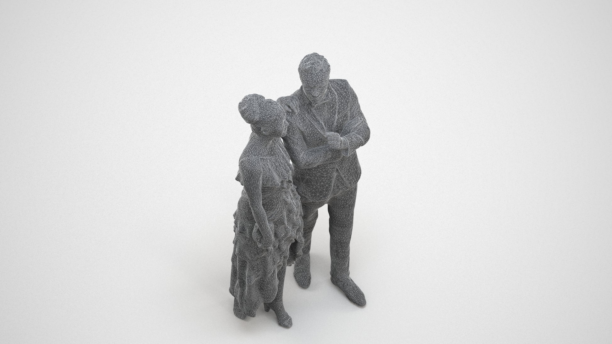 3D human model woman formal formalaffairs, photogrammetry scanned person for archviz, wireframe three-quarter view