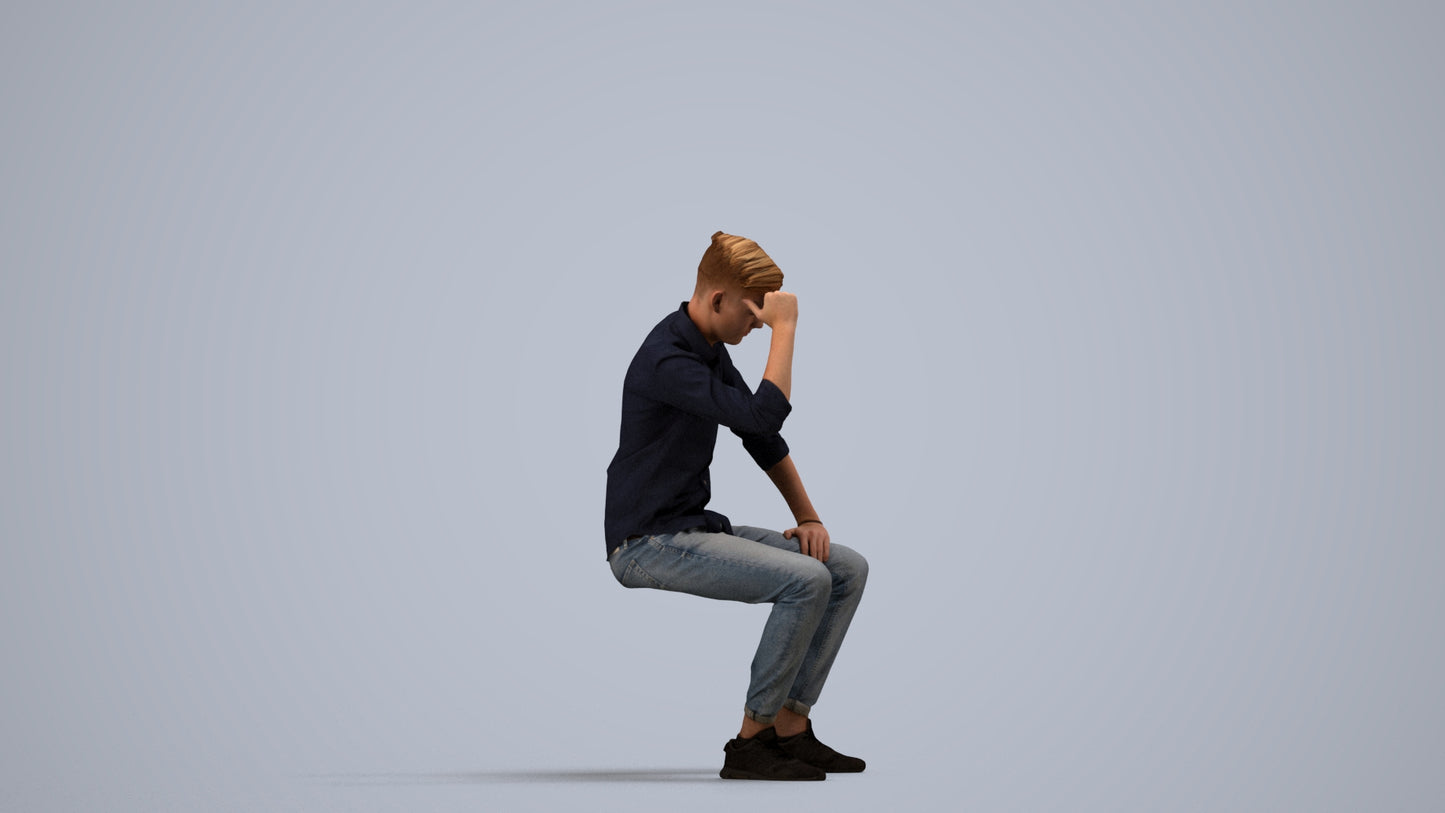 3D people model man casual sitting, scanned human for 3ds Max rendering, side view render