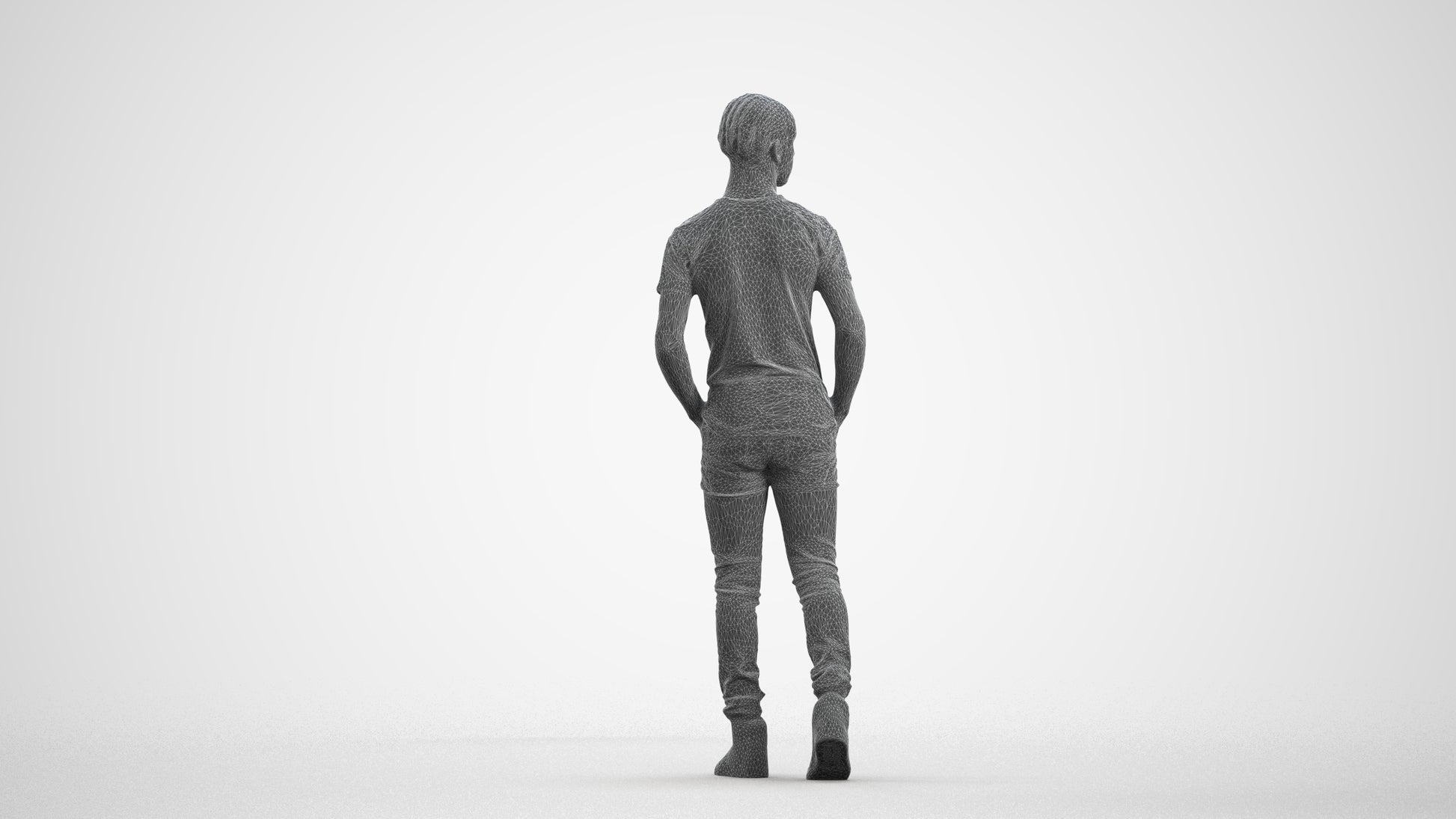 3D human model boy casual kids, photogrammetry scanned person for archviz, wireframe front view