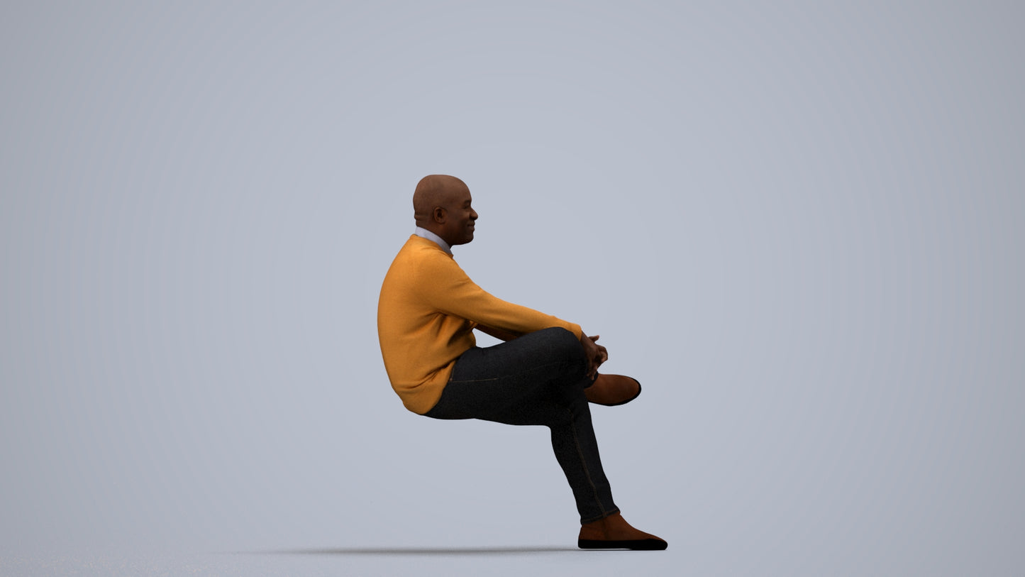 scanned 3D man casual sitting, photogrammetry people for Enscape and V-Ray, side view render