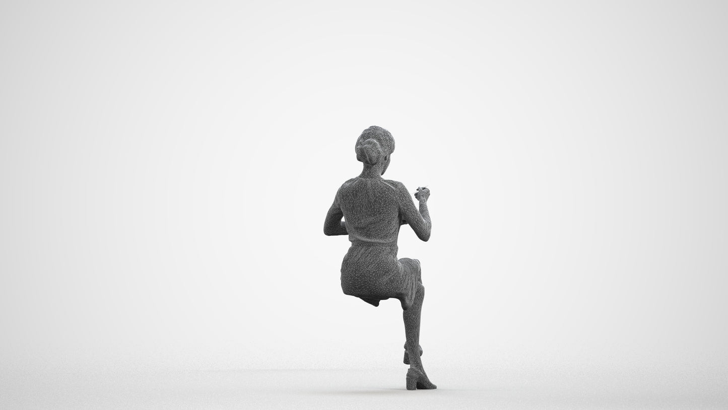 scanned 3D woman casual sitting, photogrammetry people for Enscape and V-Ray, wireframe front view