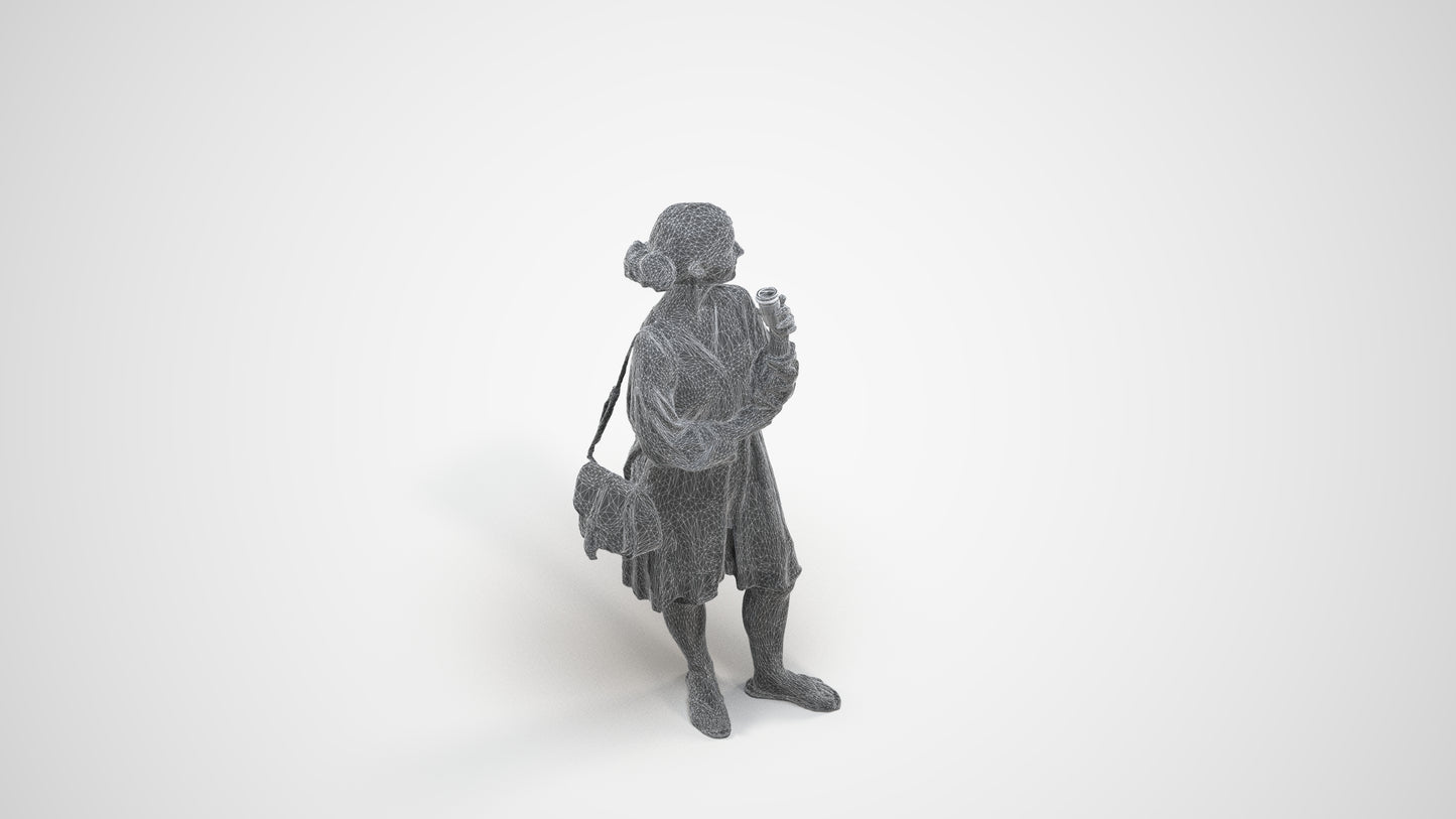 3D human model girl casual kids, photogrammetry scanned person for archviz, wireframe three-quarter view