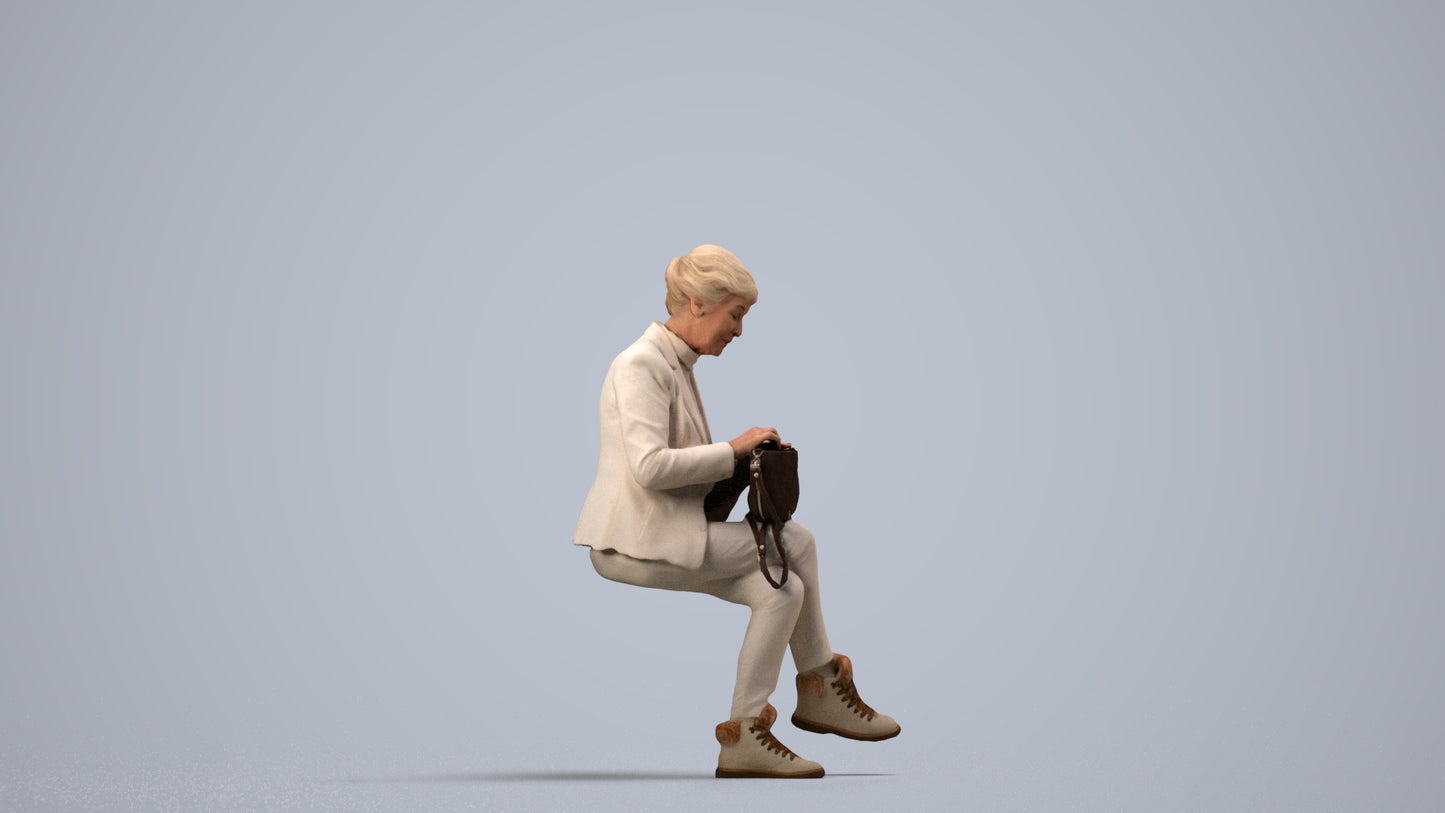 photogrammetry 3D senior woman business sitting, realistic human model archviz FBX, side view render