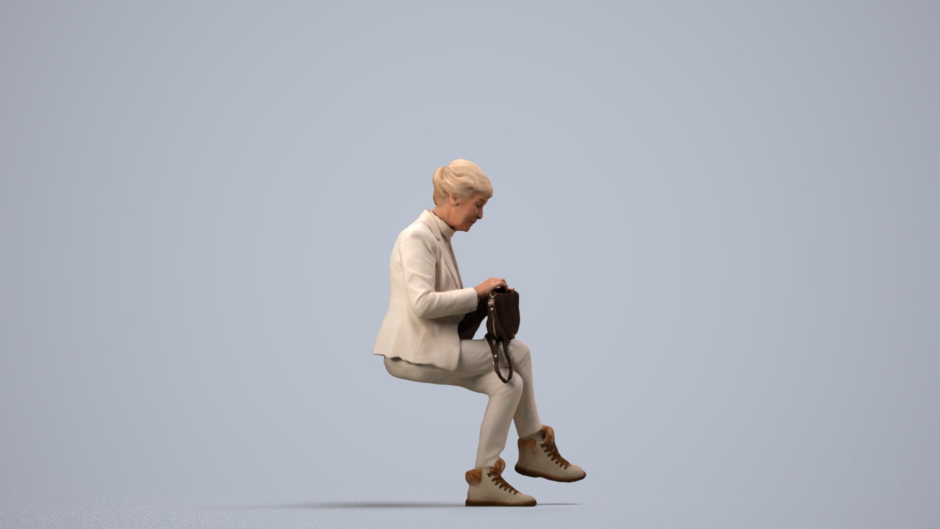 photogrammetry 3D senior woman business sitting, realistic human model archviz FBX, side view render