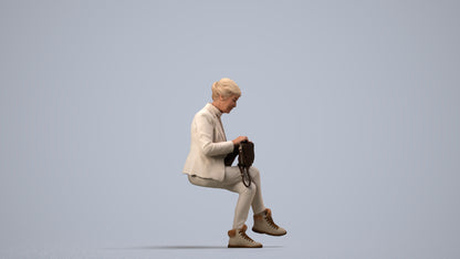 photogrammetry 3D senior woman business sitting, realistic human model archviz FBX, side view render