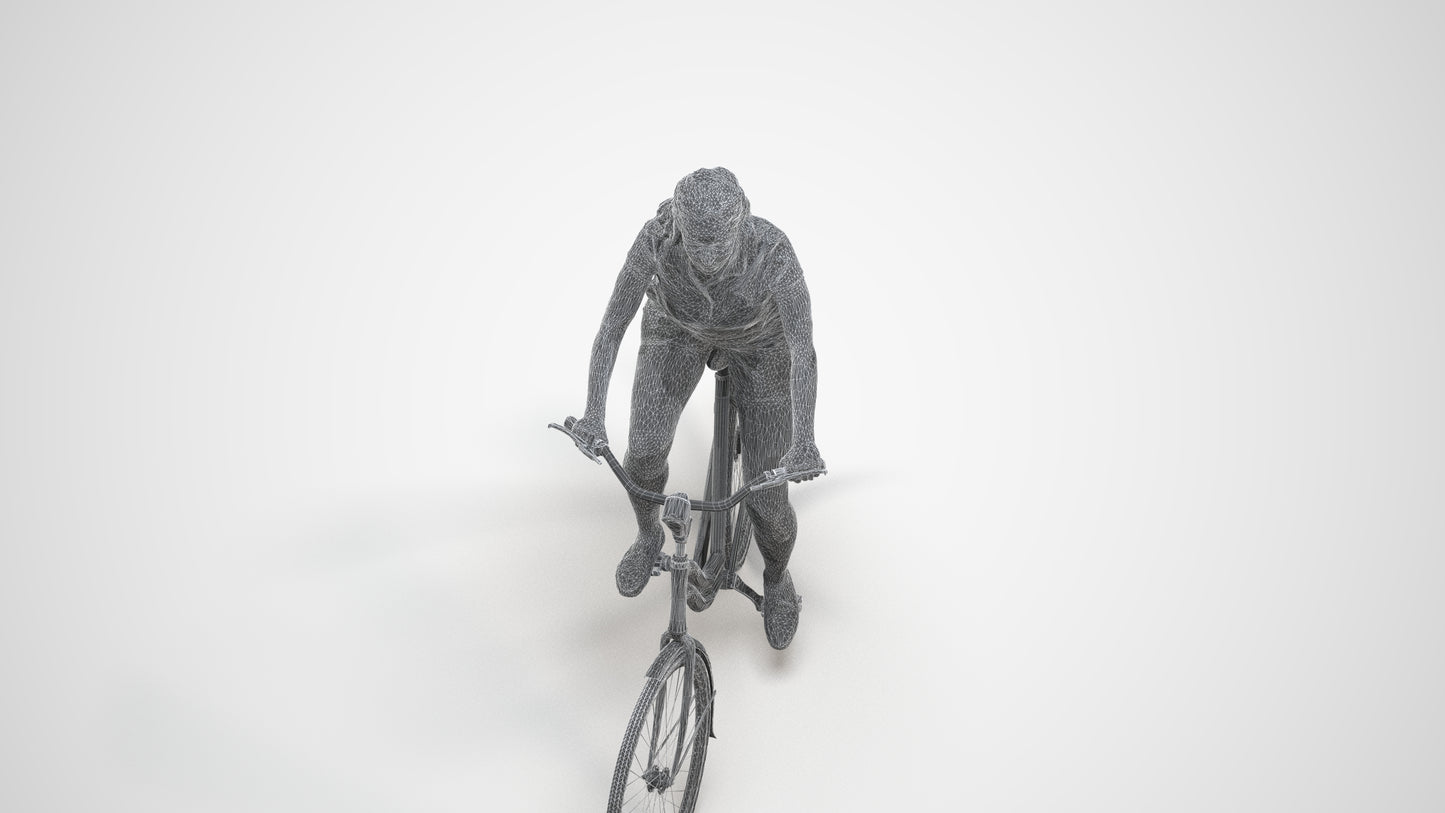 realistic 3D people woman casual cycling, render-ready for V-Ray and Corona, FBX OBJ, wireframe three-quarter view