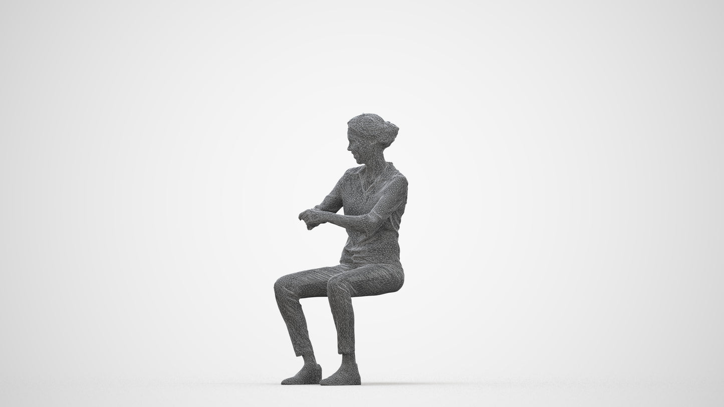 realistic 3D human woman casual sitting, archviz people FBX OBJ for Blender, wireframe back view