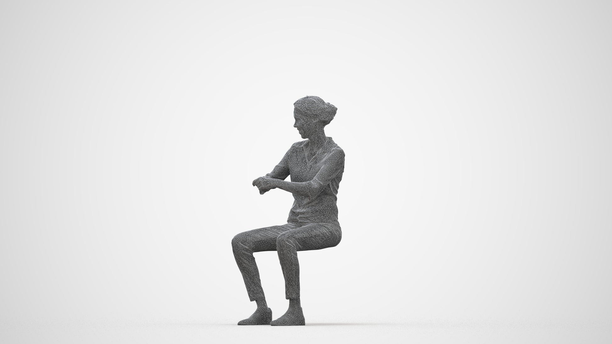 realistic 3D human woman casual sitting, archviz people FBX OBJ for Blender, wireframe back view