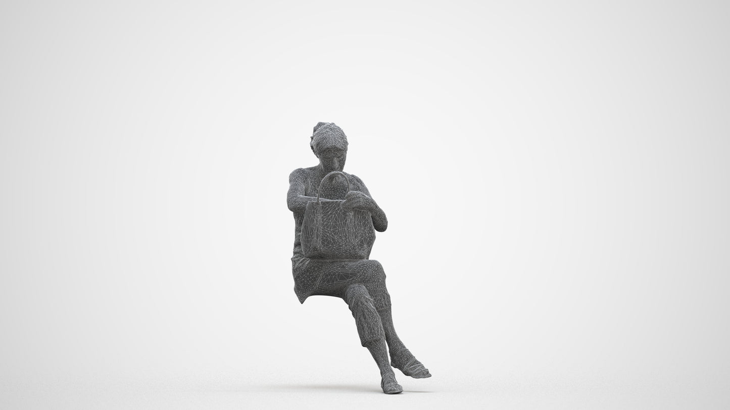 3D scanned senior woman sitting casual, photorealistic archviz people for Enscape and SketchUp