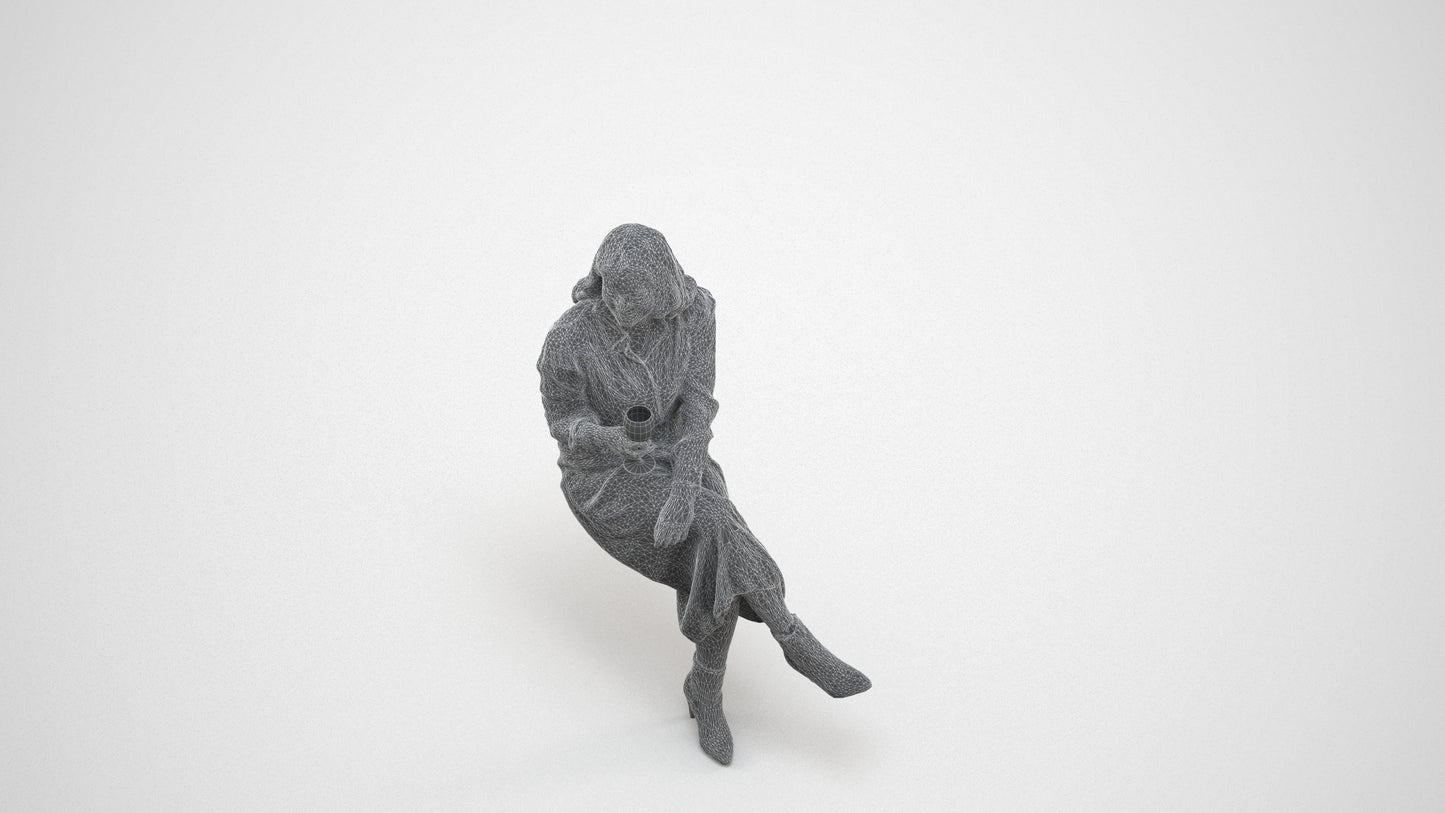 photogrammetry 3D woman casual sitting, realistic human model archviz FBX, wireframe three-quarter view