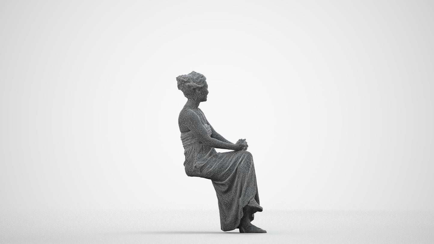 photogrammetry 3D woman casual sitting, realistic human model archviz FBX, wireframe side view