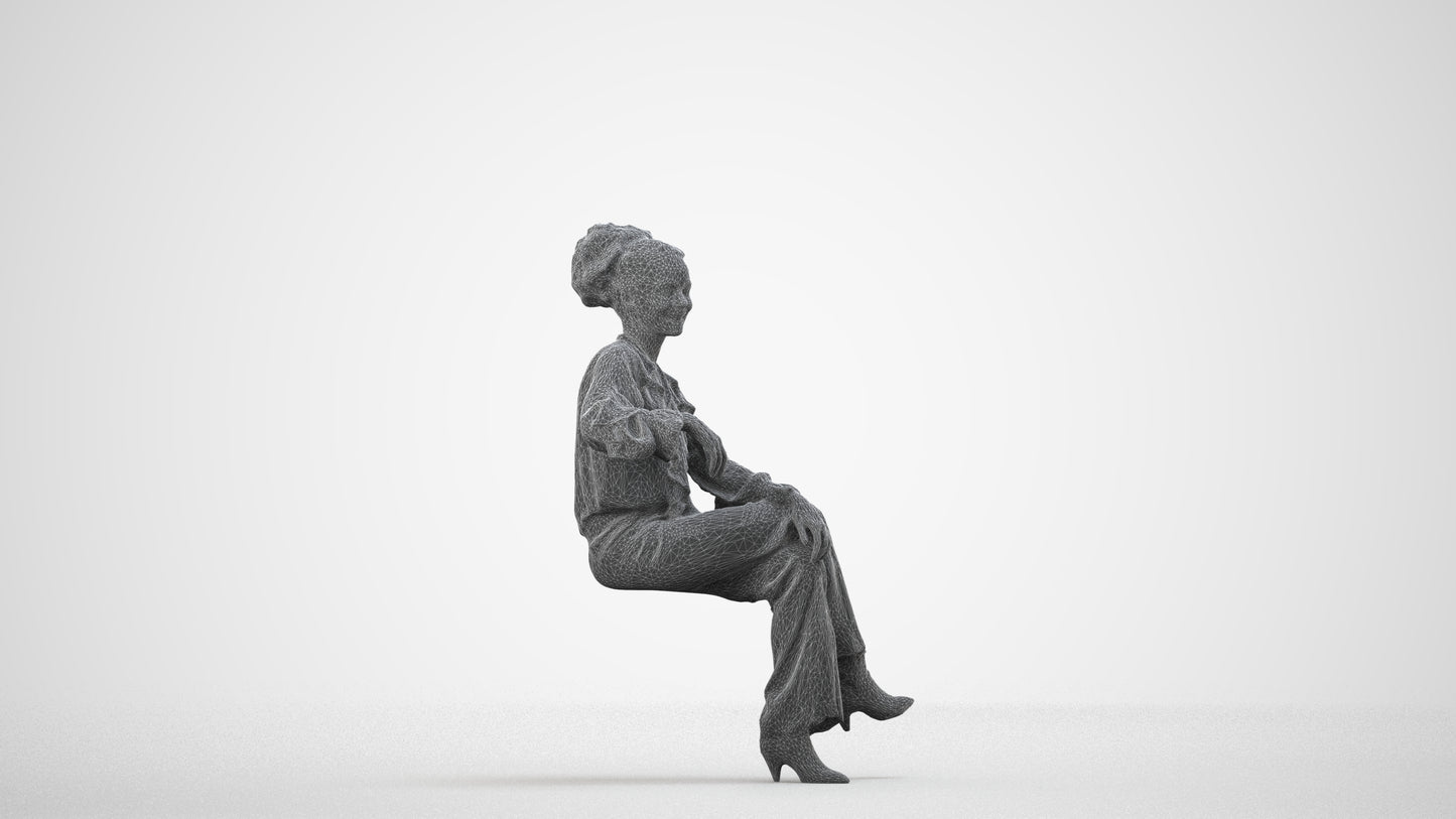 realistic 3D people woman casual sitting, render-ready for V-Ray and Corona, FBX OBJ, wireframe side view