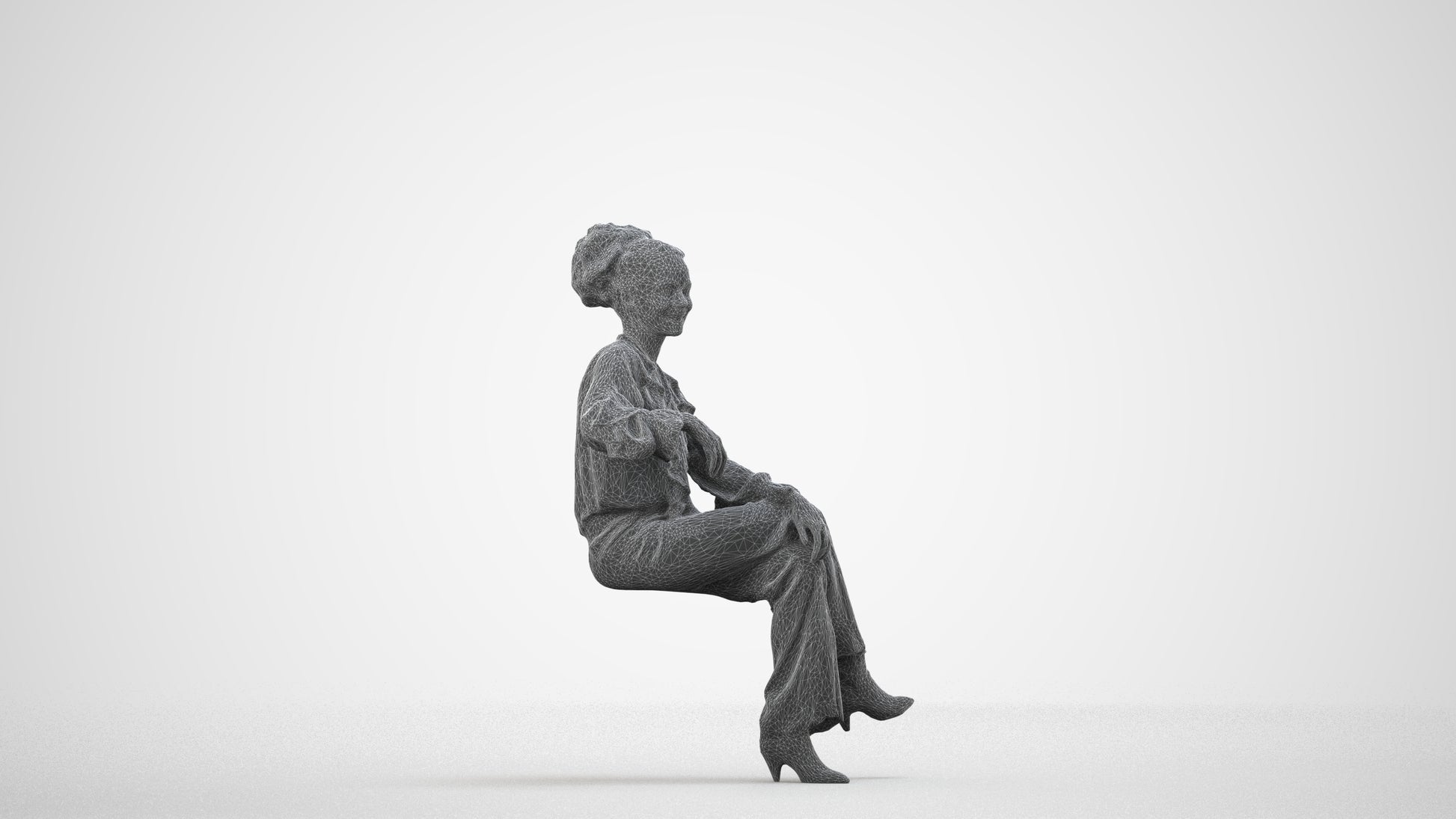 realistic 3D people woman casual sitting, render-ready for V-Ray and Corona, FBX OBJ, wireframe side view
