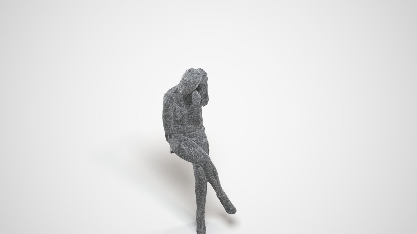 realistic 3D people girl casual sitting, render-ready for V-Ray and Corona, FBX OBJ, wireframe three-quarter view