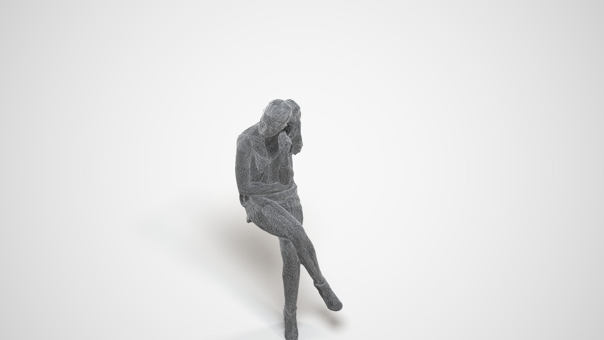 realistic 3D people girl casual sitting, render-ready for V-Ray and Corona, FBX OBJ, wireframe three-quarter view
