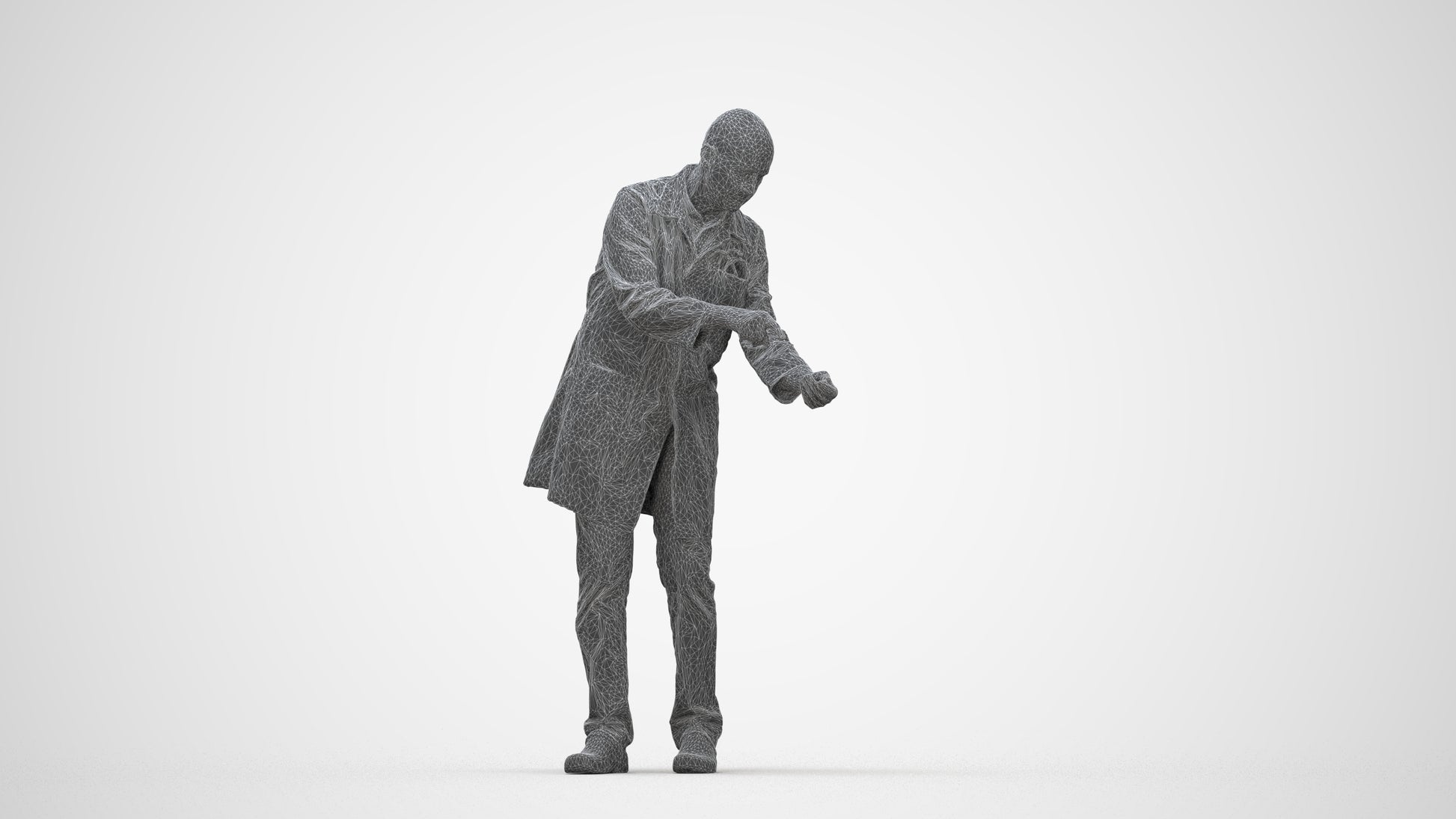 3D human model senior man medical, photogrammetry scanned person for archviz, wireframe back view