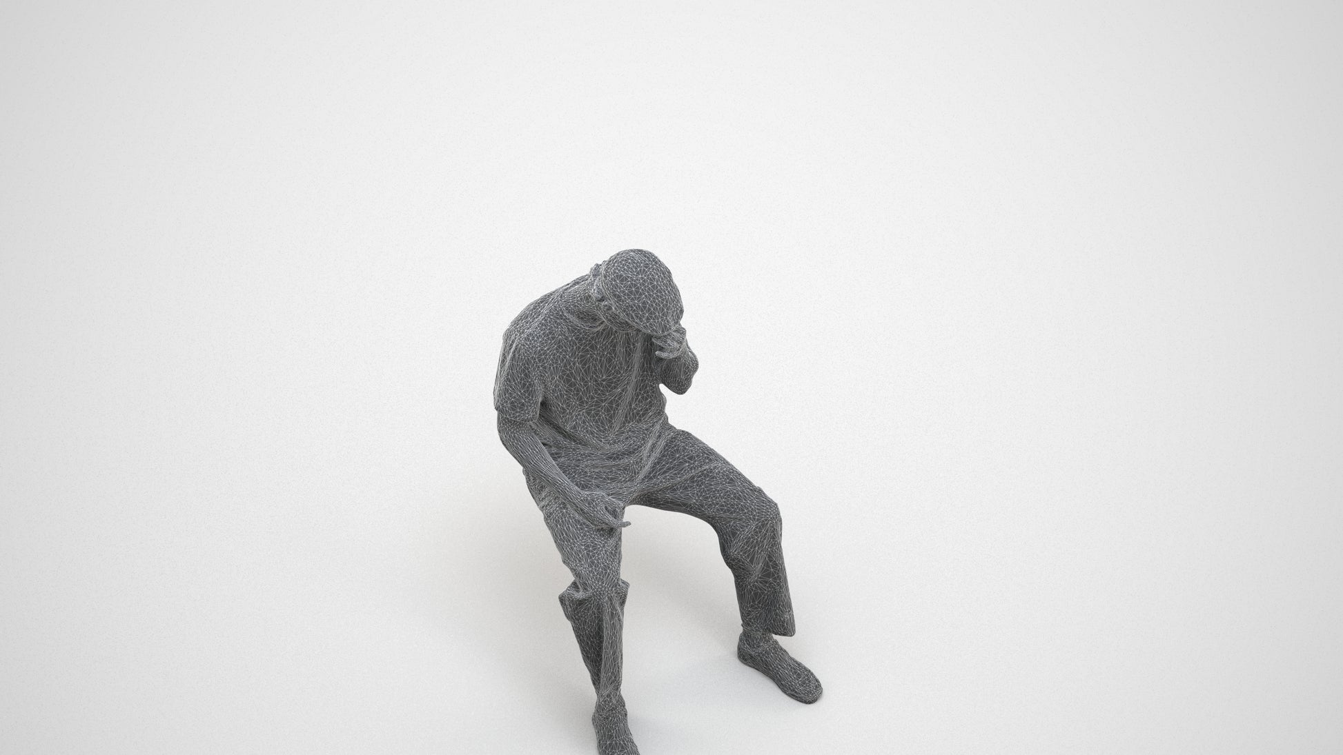 3D people model man casual sitting, scanned human for 3ds Max rendering, wireframe three-quarter view