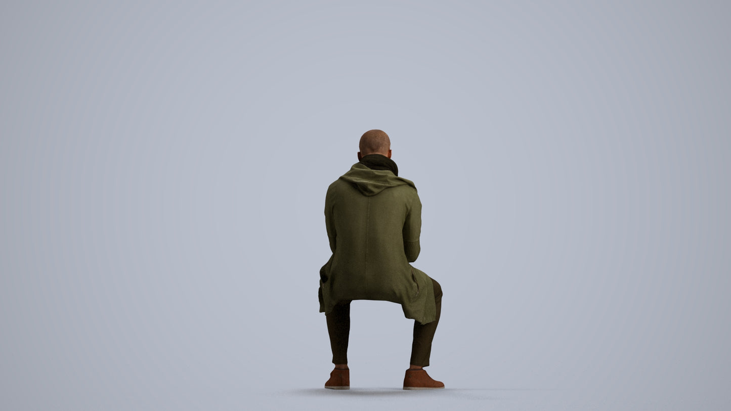 realistic 3D man casual sitting, scanned archviz people for Blender and 3ds Max, front view render