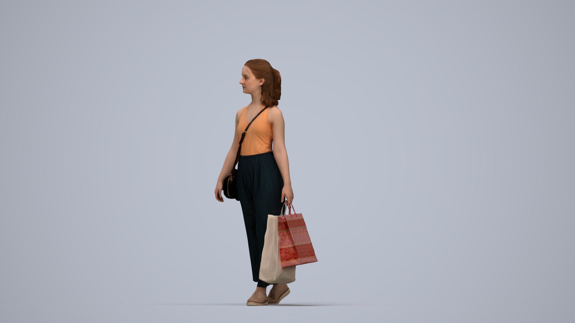 3D people model girl casual shopping, scanned human for 3ds Max rendering, top-down view render