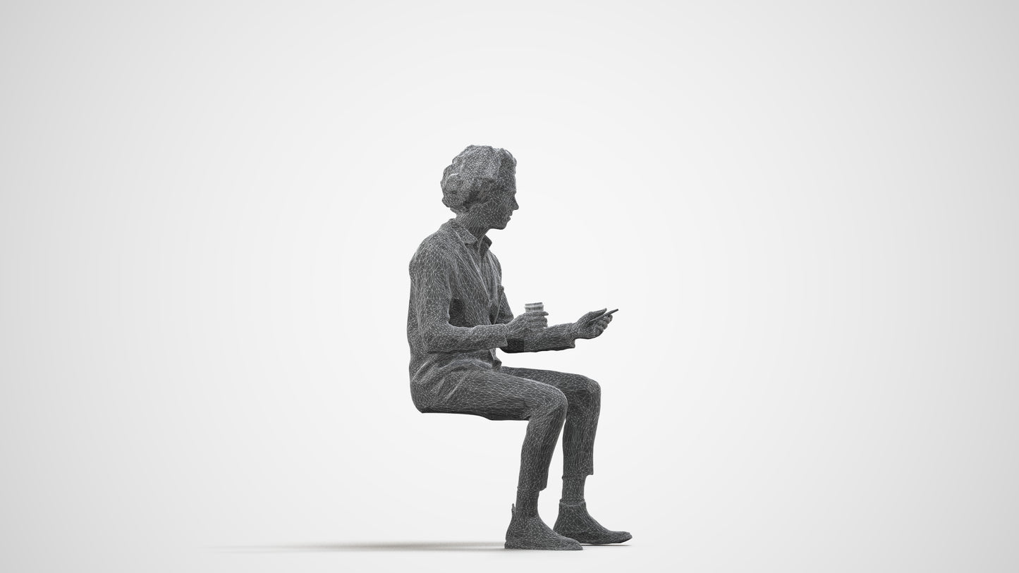 realistic 3D people man business sitting, render-ready for V-Ray and Corona, FBX OBJ, wireframe side view
