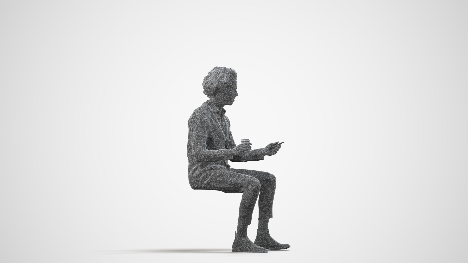realistic 3D people man business sitting, render-ready for V-Ray and Corona, FBX OBJ, wireframe side view