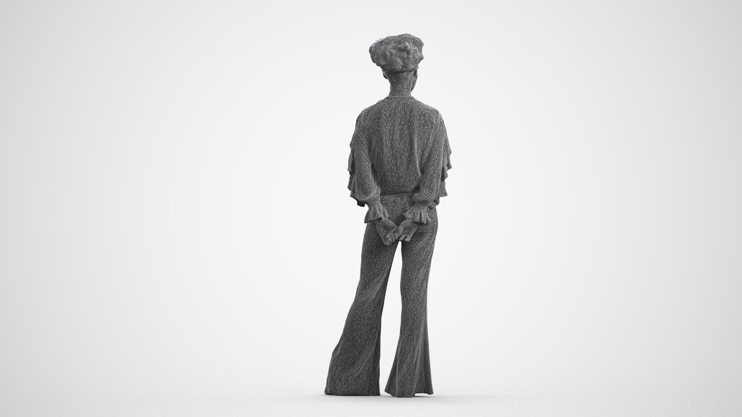3D scanned woman standing casual, photorealistic archviz people for Enscape and SketchUp, wireframe front view