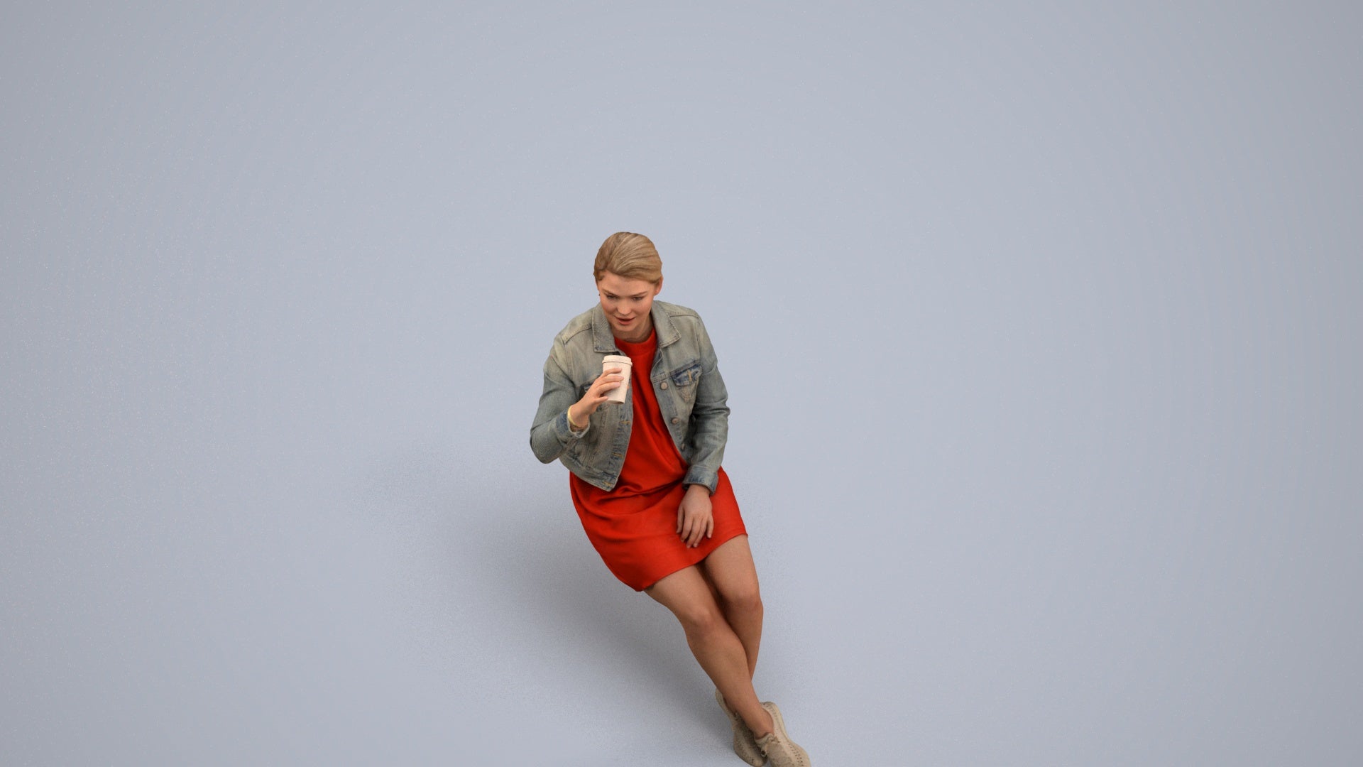 scanned 3D woman casual sitting, photogrammetry people for Enscape and V-Ray, back view render