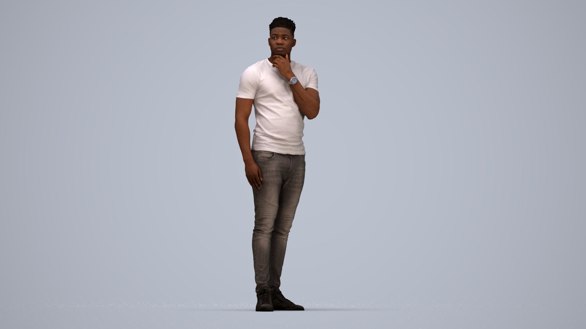 3D human model man casual standing, photogrammetry scanned person for archviz, top-down view render