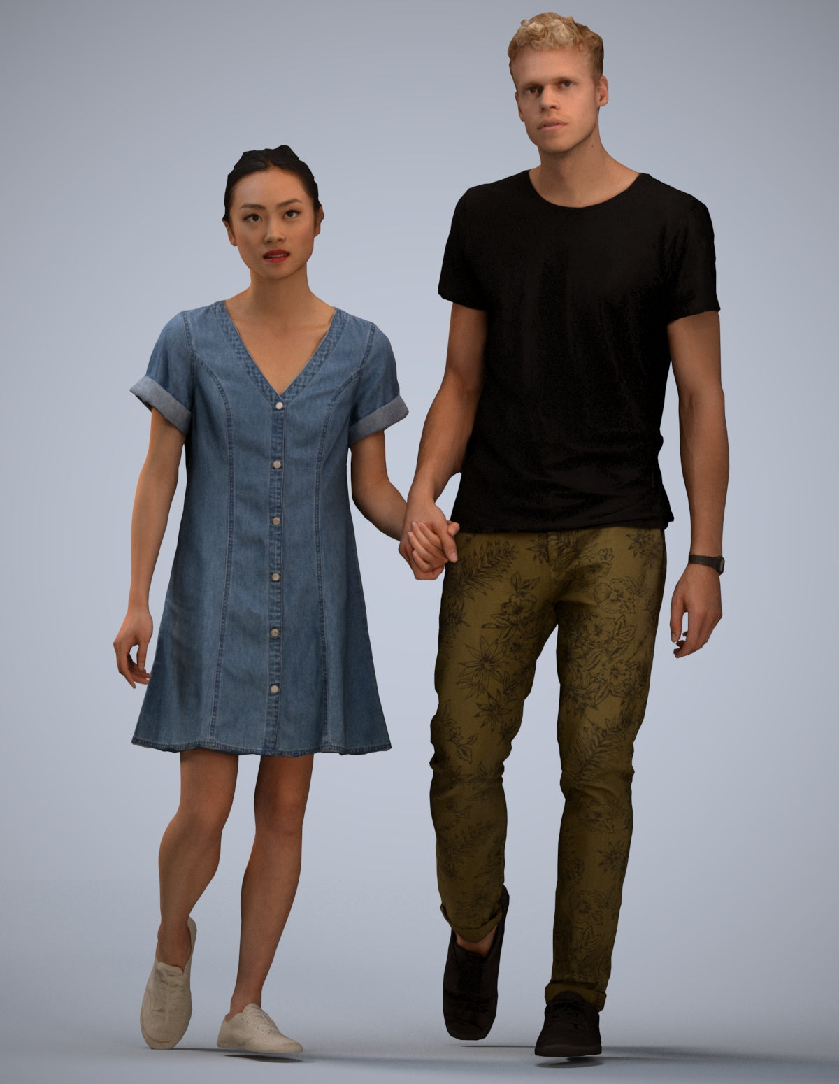 3D human model woman casual couple, photogrammetry scanned person for archviz